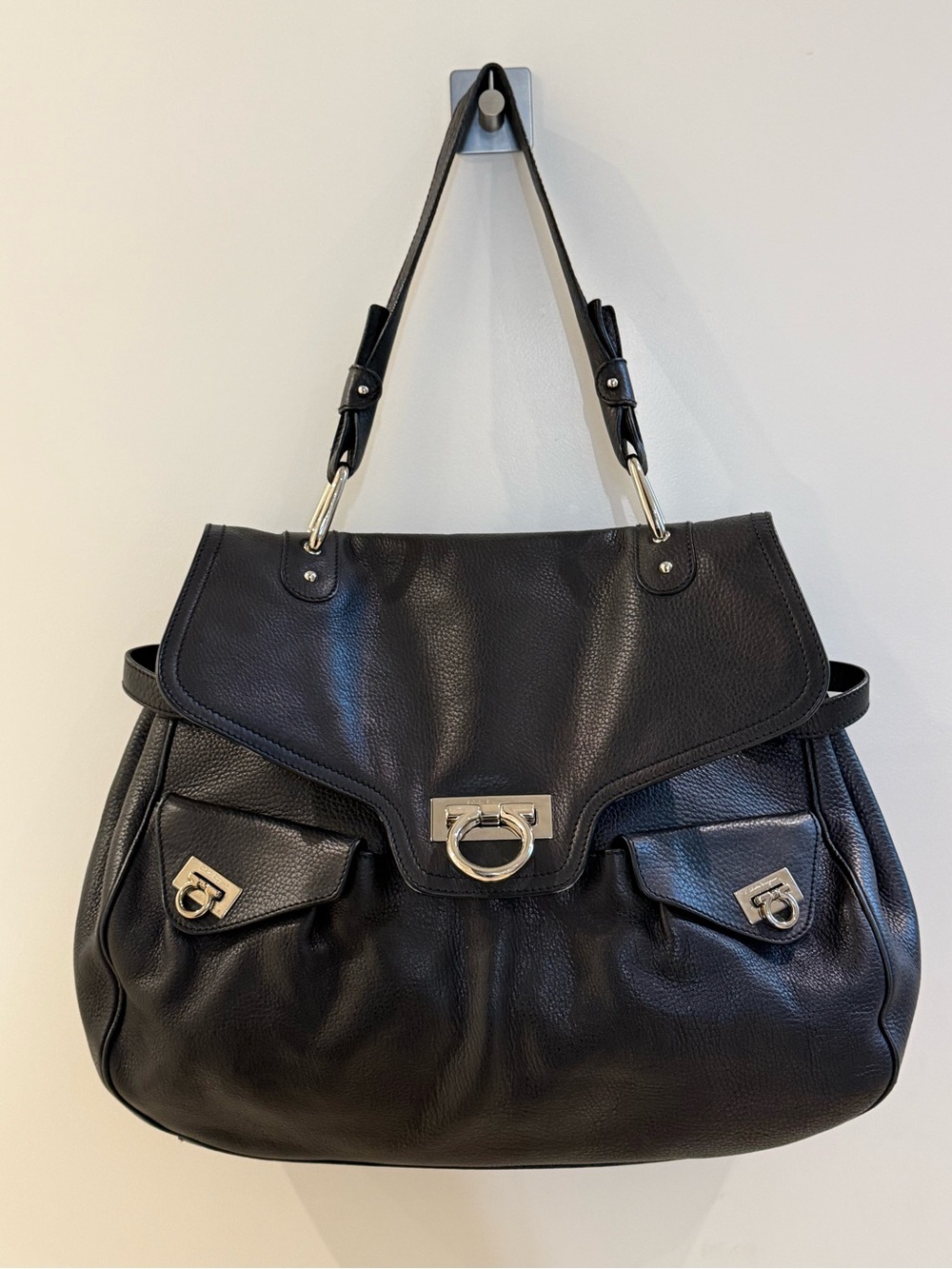 Ferragamo Black Leather Shoulder Bag with Silver Hardware
